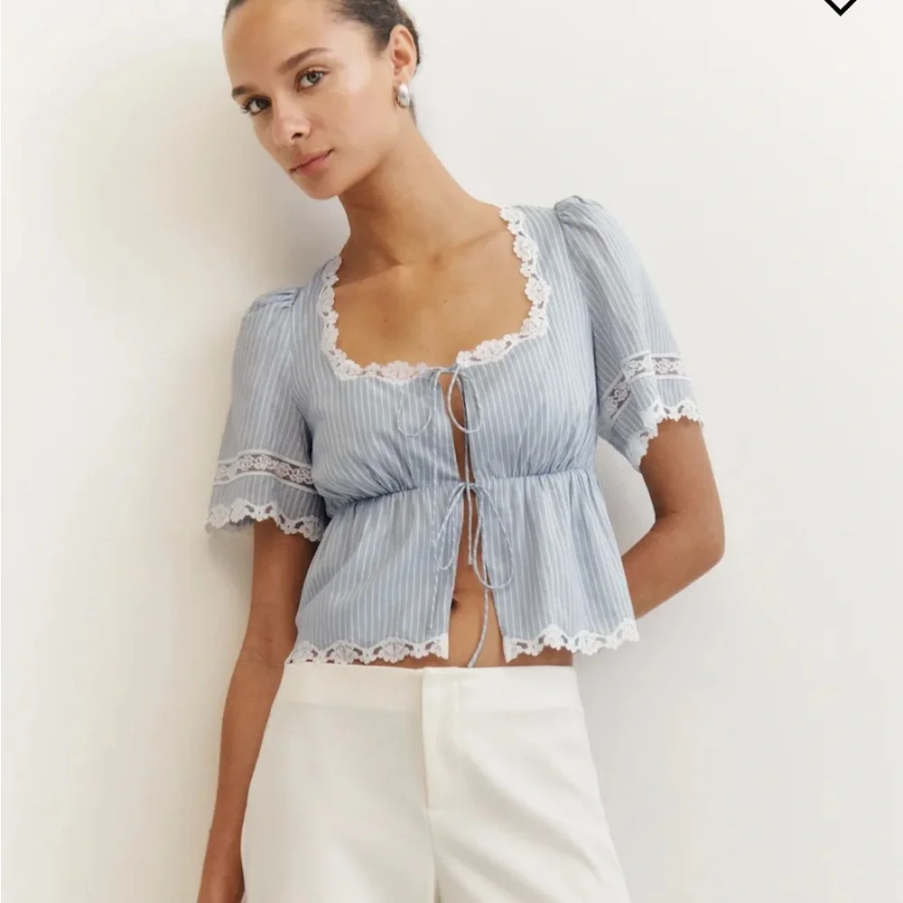 Reformation Light Blue & White Striped Lace-Trim Peplum Blouse